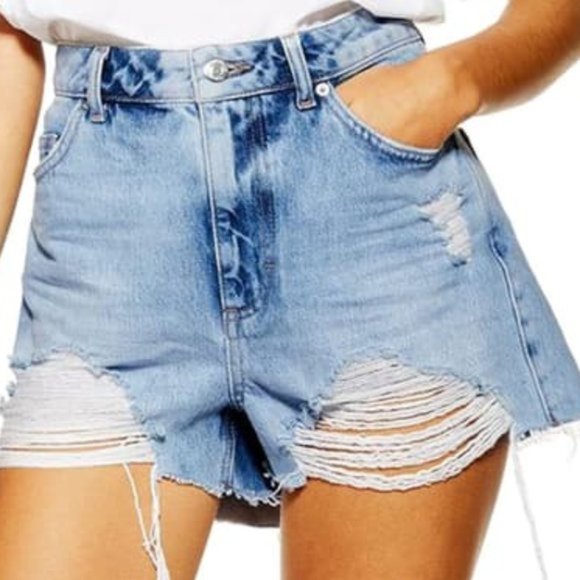 Topshop Light Blue Distressed Jean Shorts - Picture 1 of 3
